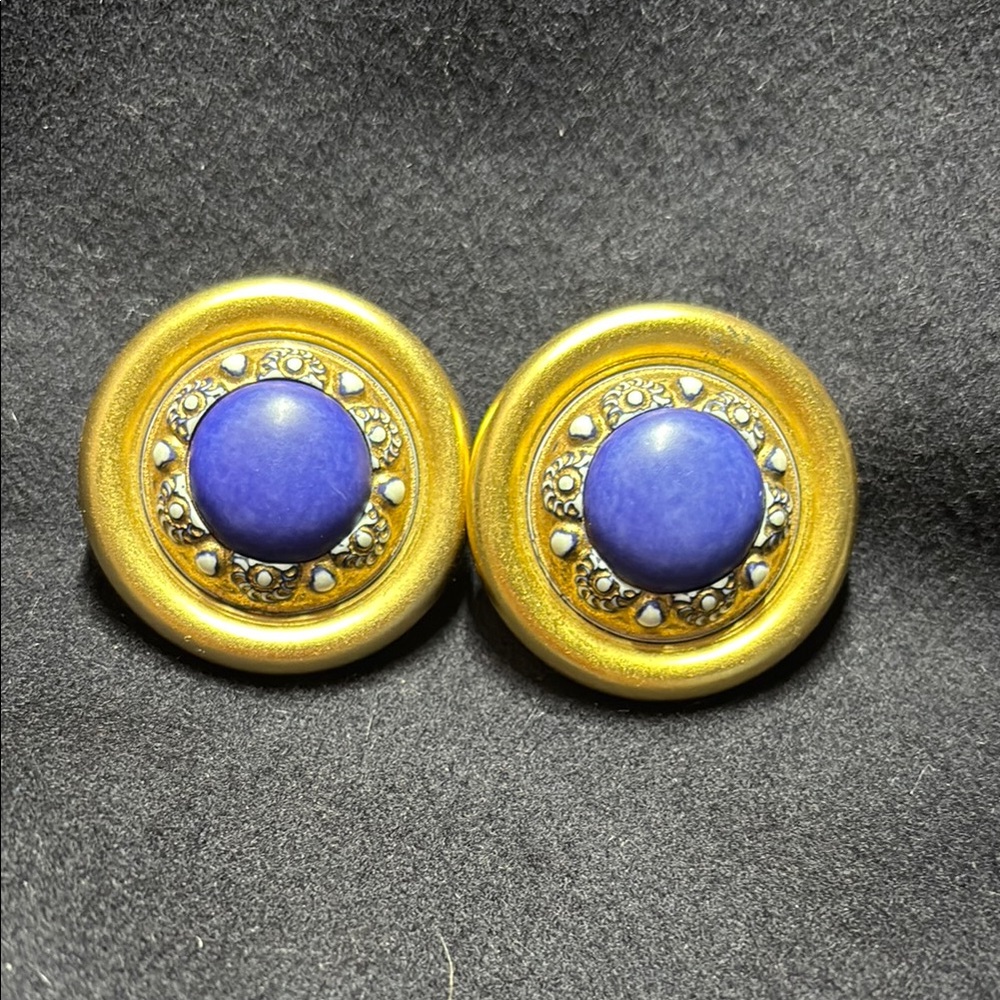 Vintage Gold and Blue Clip On Earrings